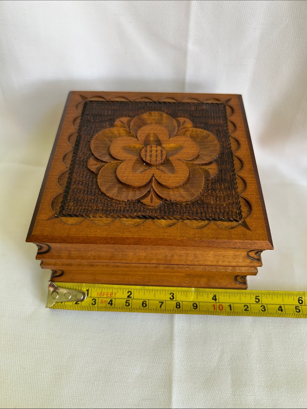 Hand-Carved Linden Wood Floral hinged Box in Warm Brown